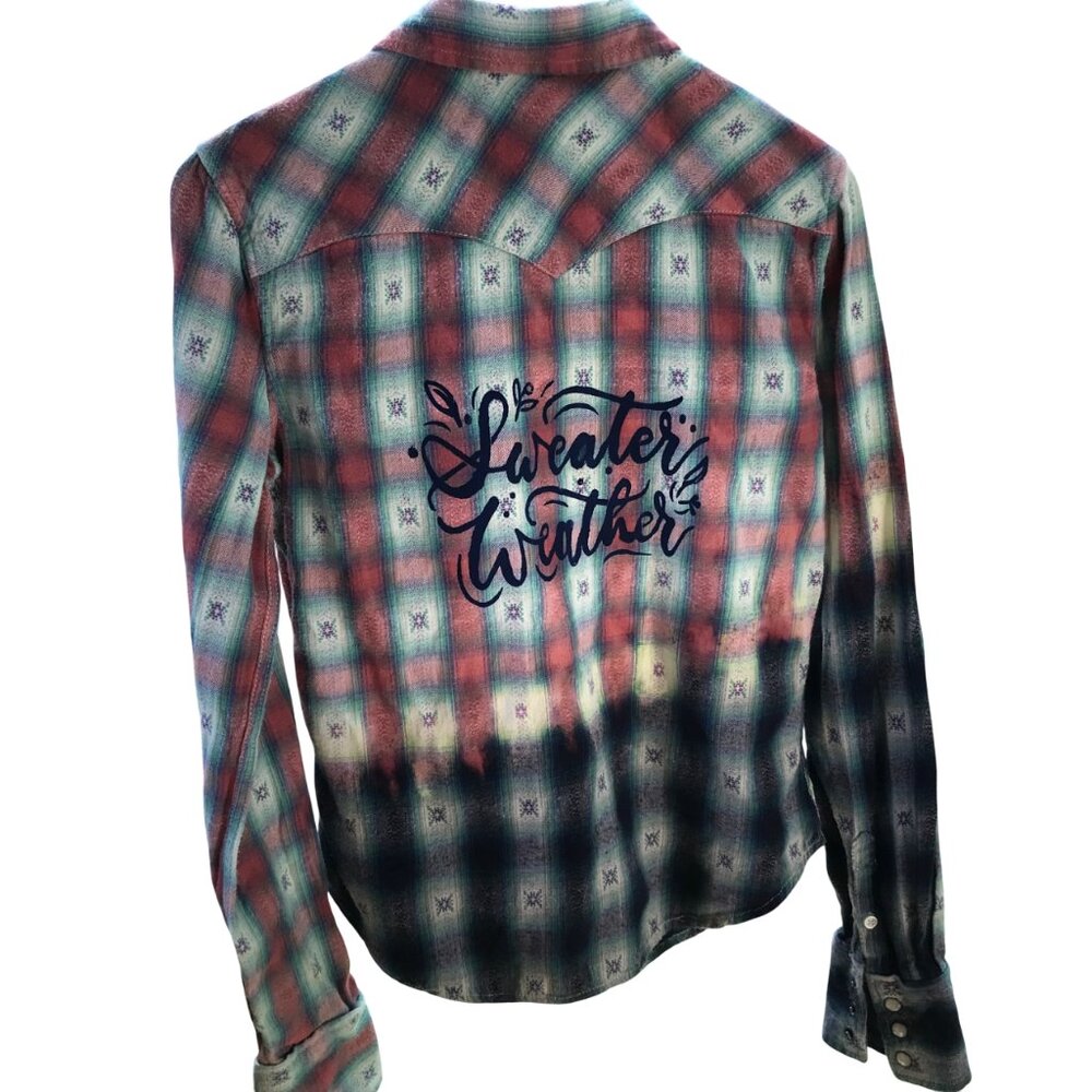 Ombre Bleached Flannel Shirt Upcycled Painted Sweater Weather Size Small - Picture 3 of 13